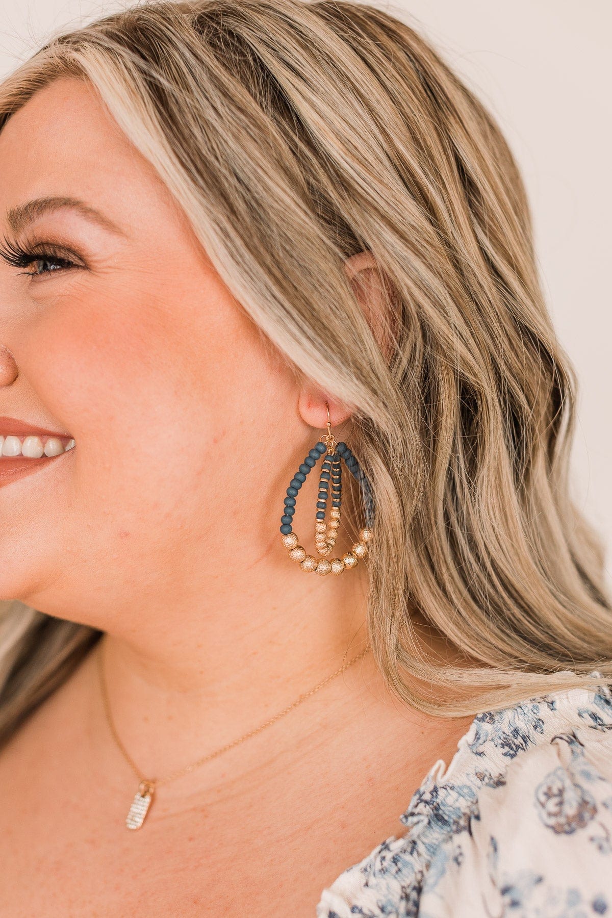Whirling Emotions Beaded Teardrop Earrings- Gold & Navy