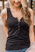 Bound To Be Beautiful Button Henley Tank Top- Black