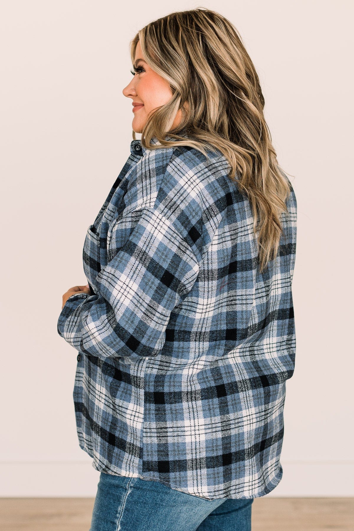 Missing You Plaid Button Top- Navy