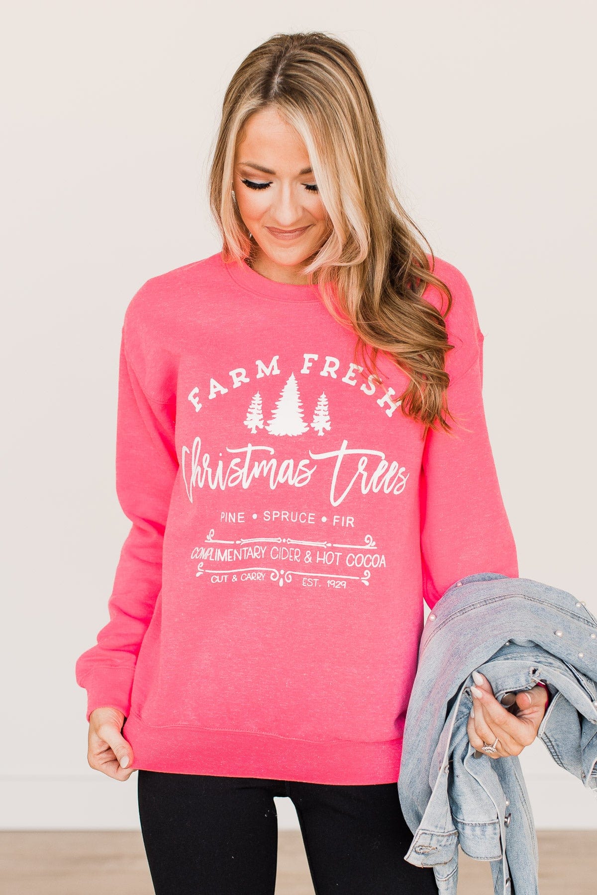 "Farm Fresh Christmas Trees" Graphic Crewneck- Neon Pink