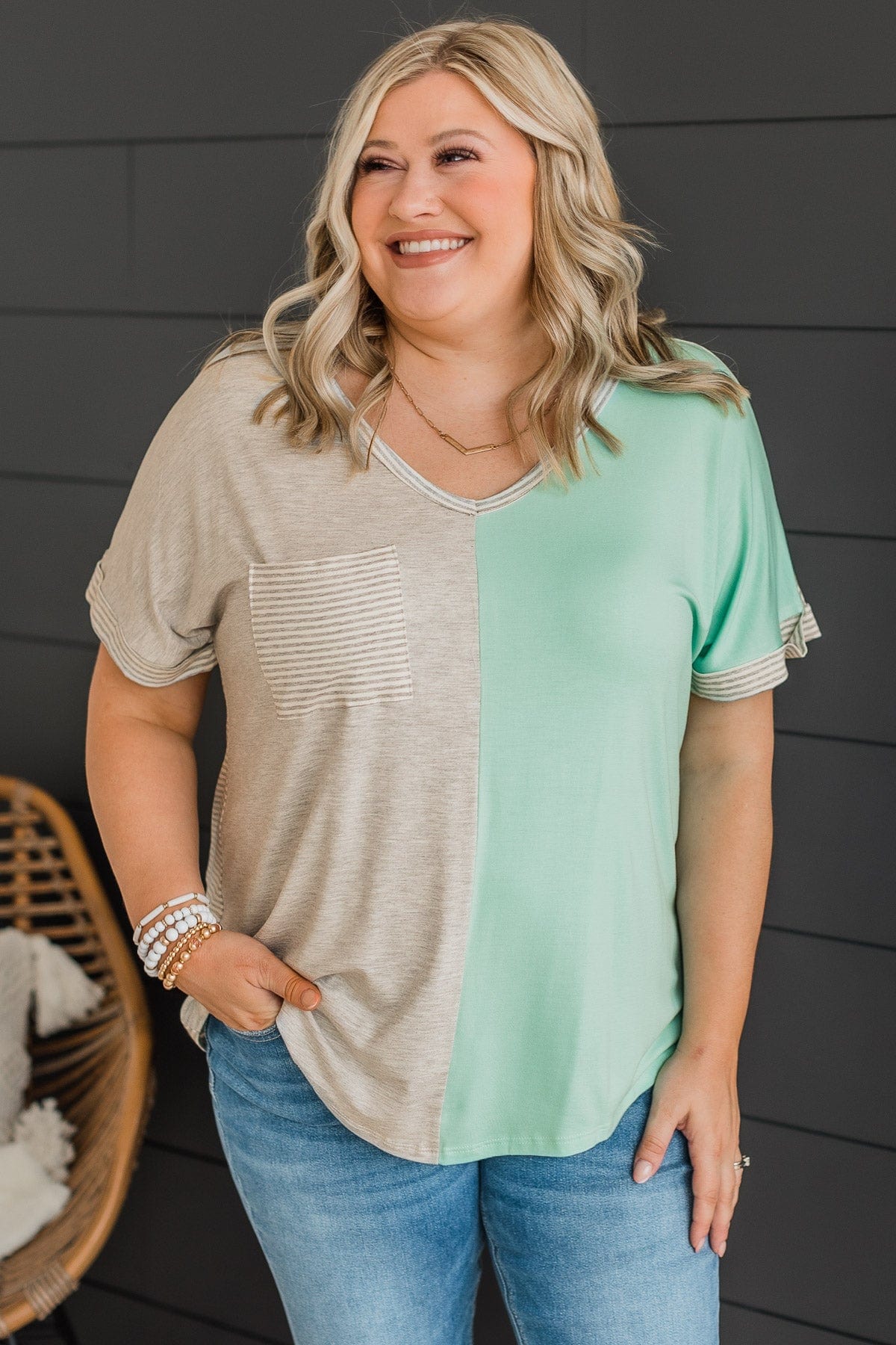 Told You So Color Block Top- Heather Grey & Mint Blue