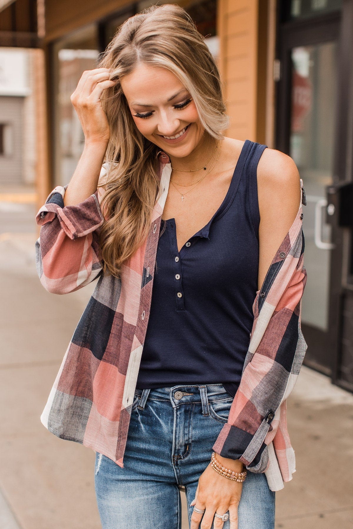 Bound To Be Beautiful Button Henley Tank Top- Navy
