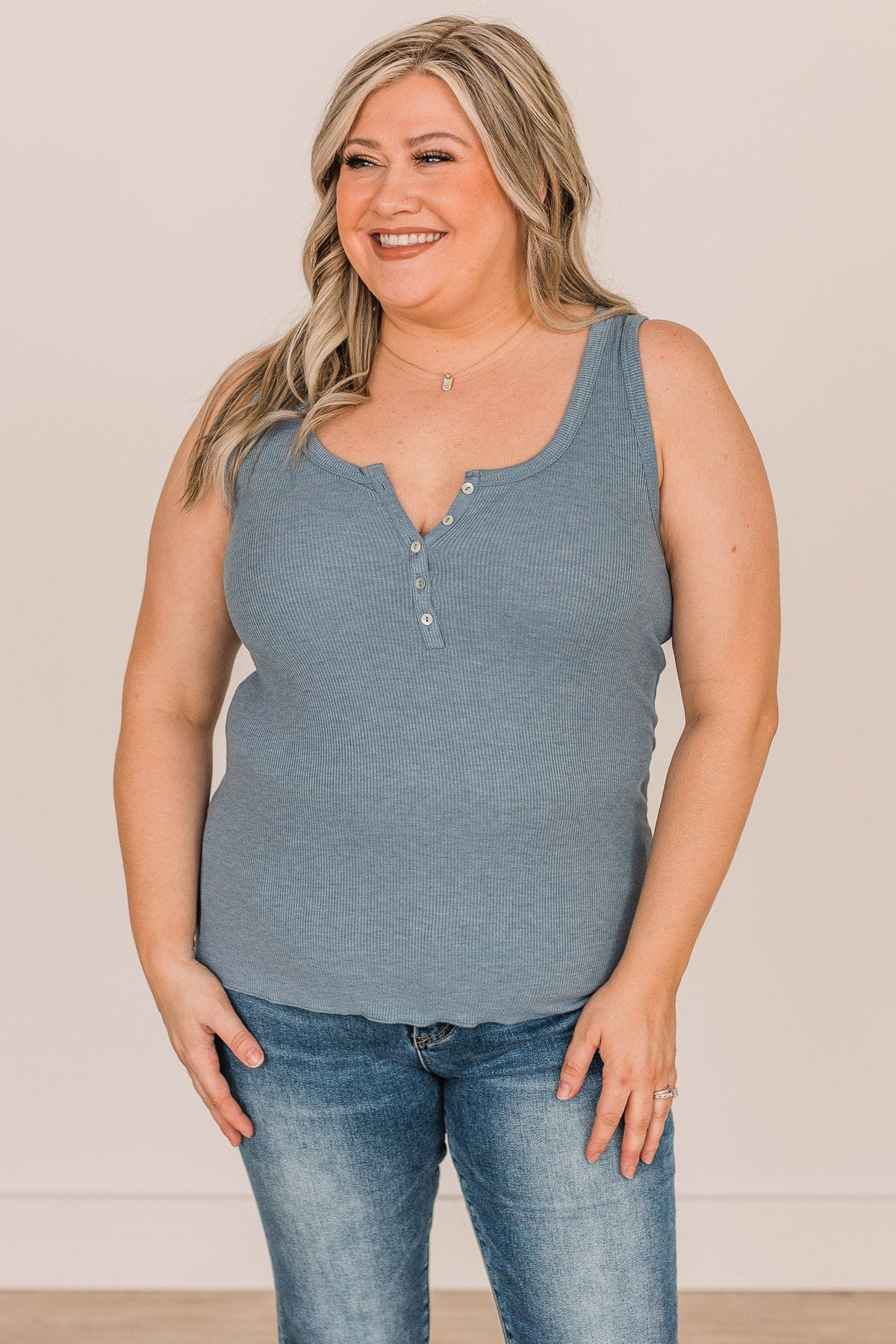 Bound To Be Beautiful Button Henley Tank Top- Denim Blue