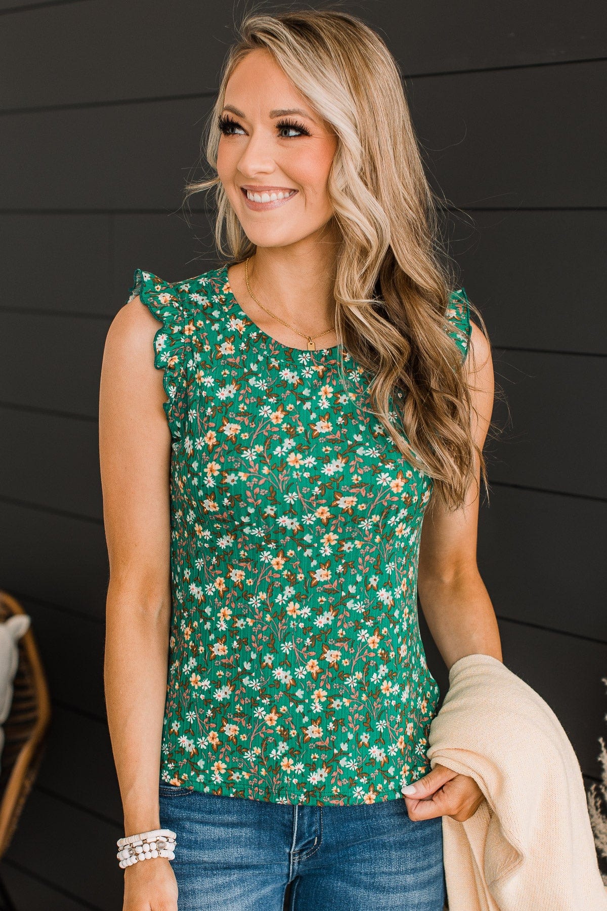 Late Night Romance Floral Knit Top- Green