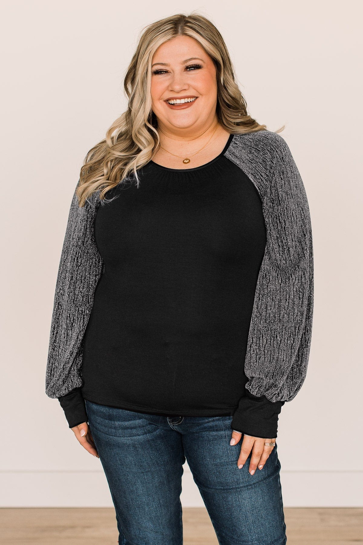 About Last Night Shimmer Sleeve Top- Black & Silver