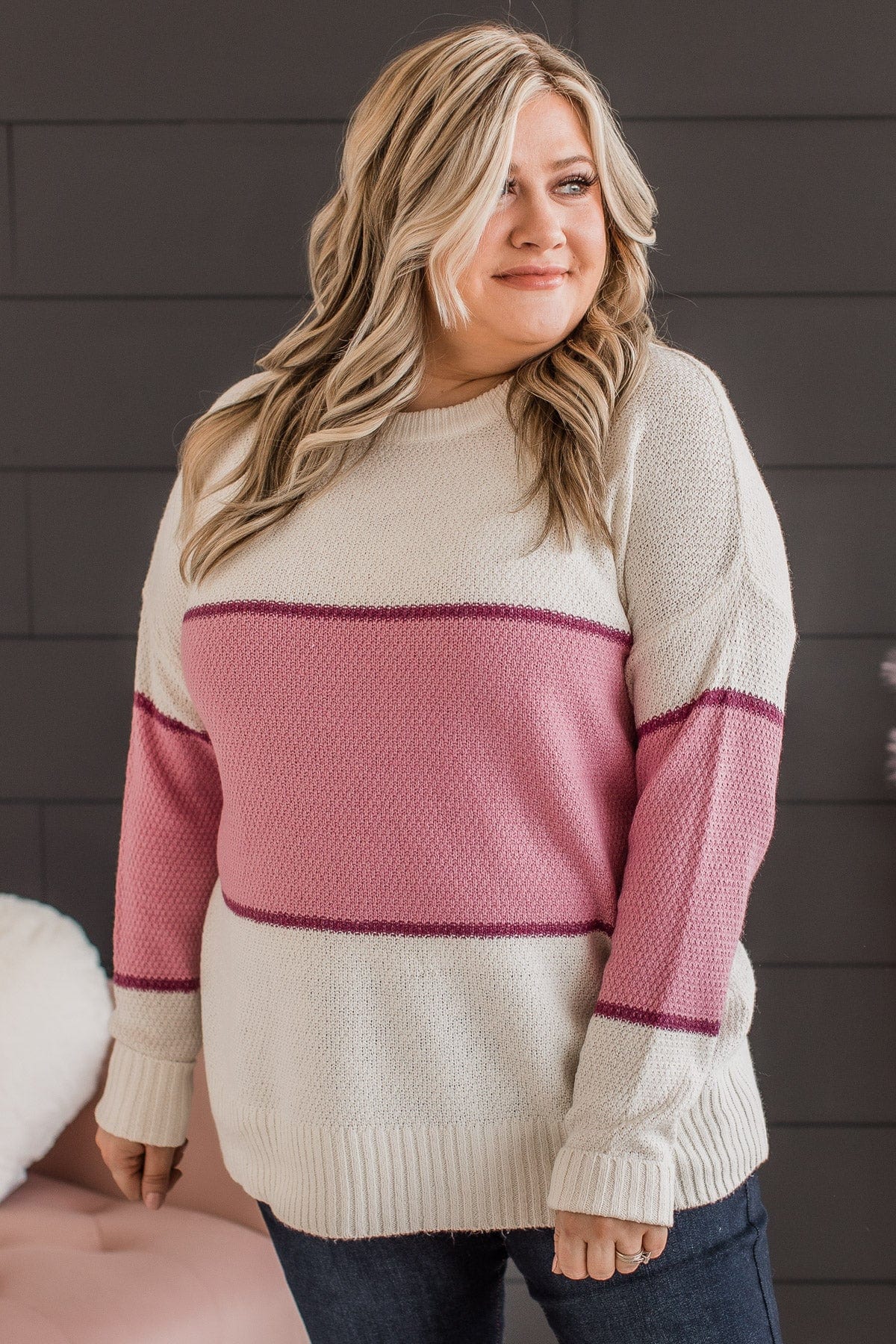 Always There For You Knit Sweater- Ivory & Rose Pink