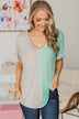 Told You So Color Block Top- Heather Grey & Mint Blue
