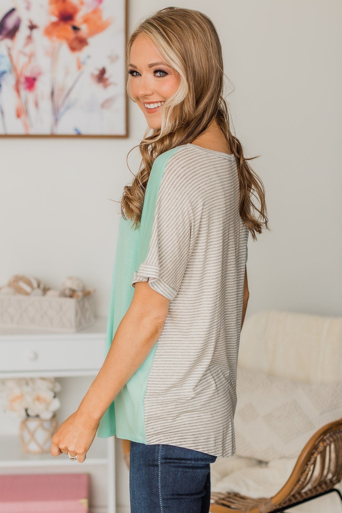Told You So Color Block Top- Heather Grey & Mint Blue