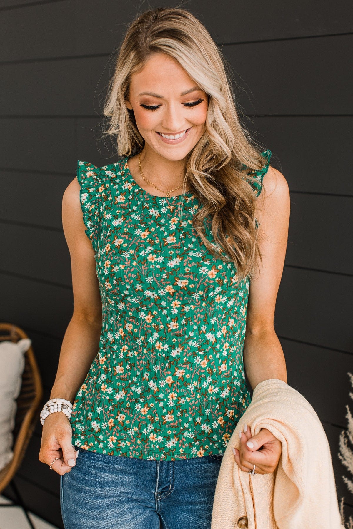 Late Night Romance Floral Knit Top- Green