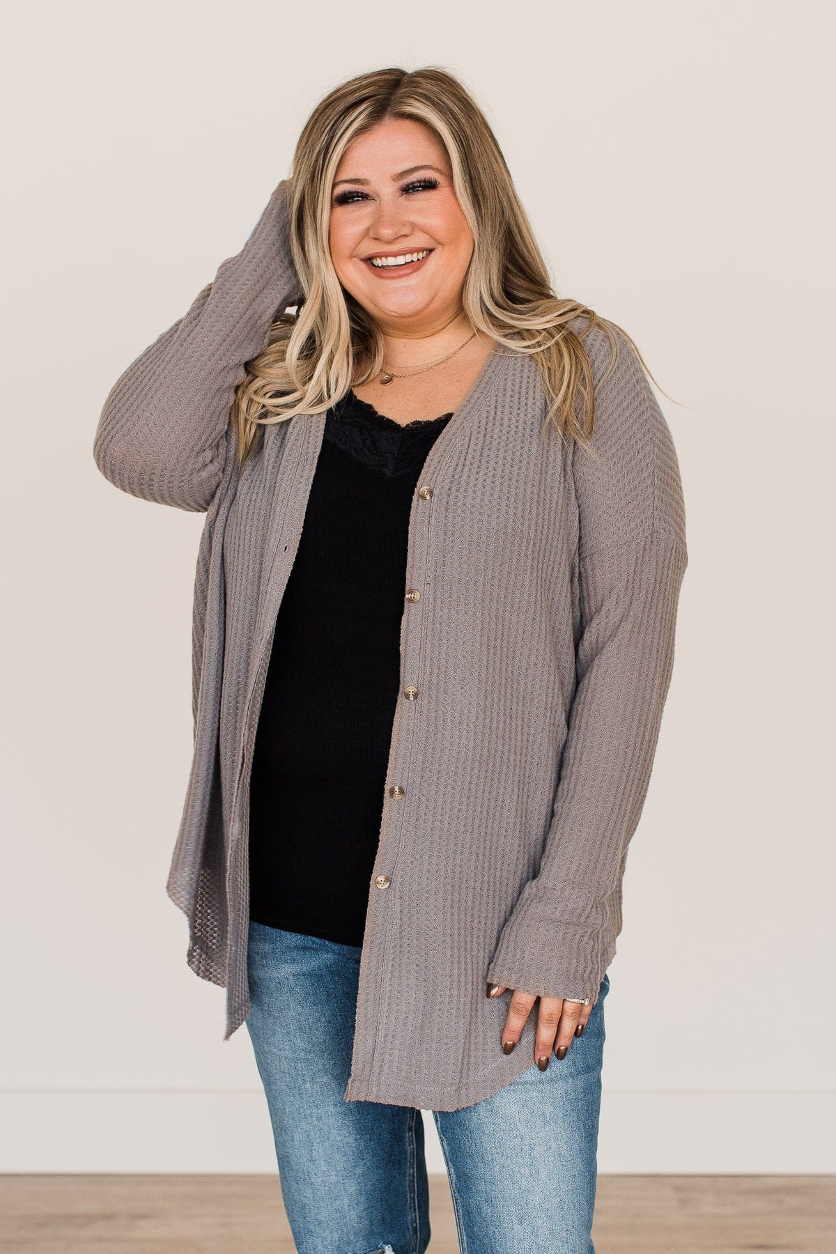Campfire Cozy Waffle Knit Button Top- Taupe