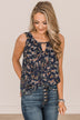 Time To Blossom Floral Tank Top- Navy