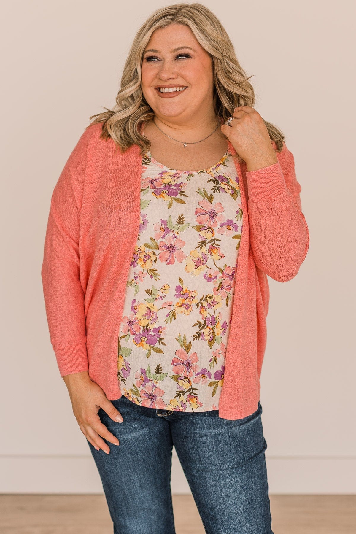 Heart Of Fire Open Front Knit Cardigan- Light Coral