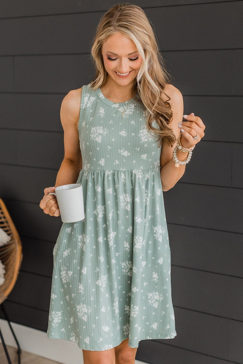 Sought After Floral Knit Dress- Dusty Sage – The Pulse Boutique