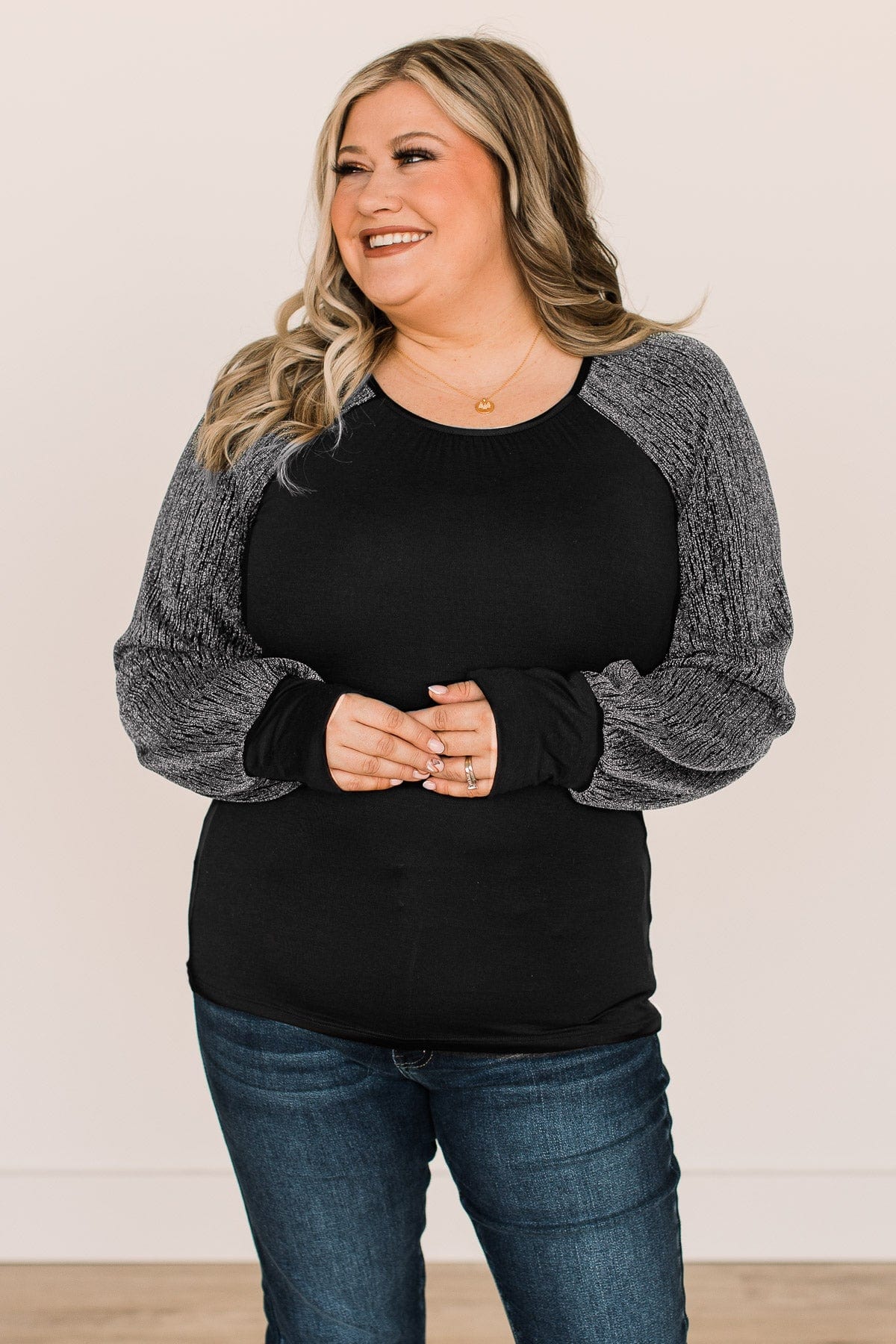 About Last Night Shimmer Sleeve Top- Black & Silver