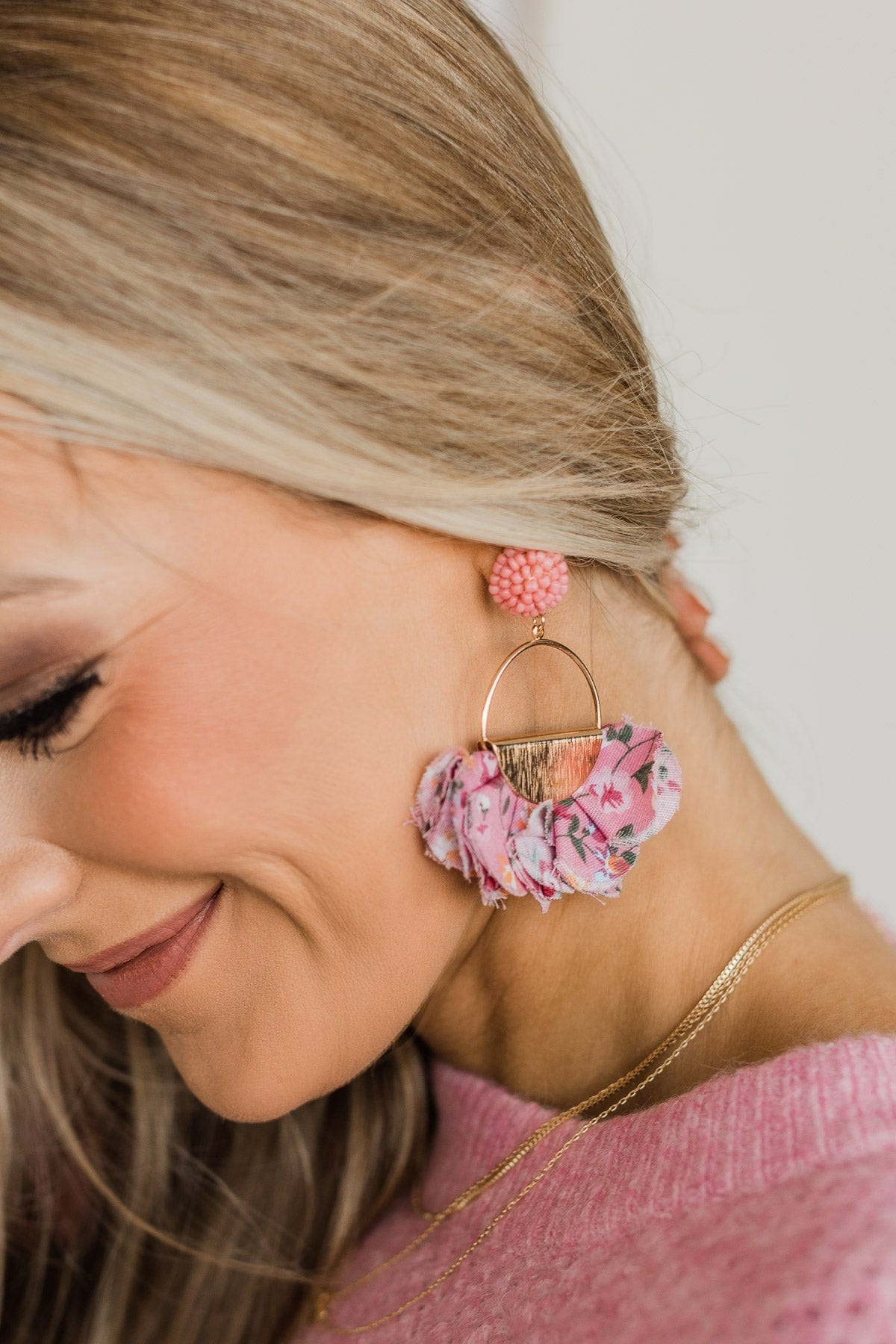 Giving Your All Floral Earrings- Gold & Pink