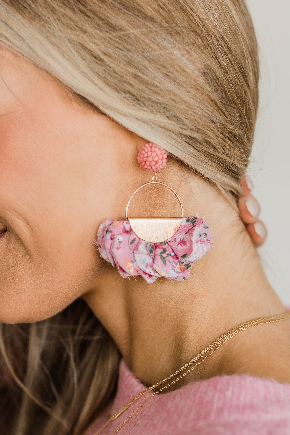 Giving Your All Floral Earrings- Gold & Pink
