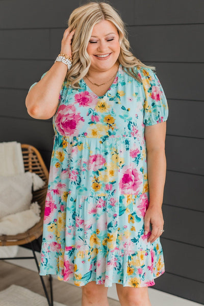 Steal You Away Tiered Floral Dress- Aqua Blue – The Pulse Boutique