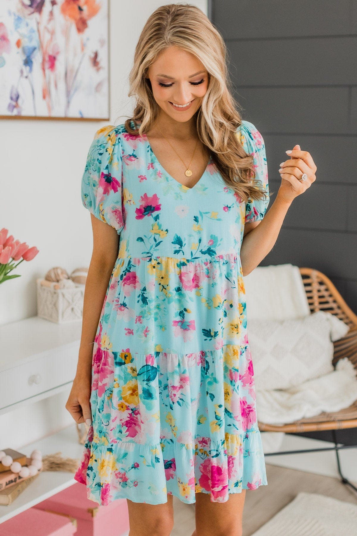 Steal You Away Tiered Floral Dress- Aqua Blue