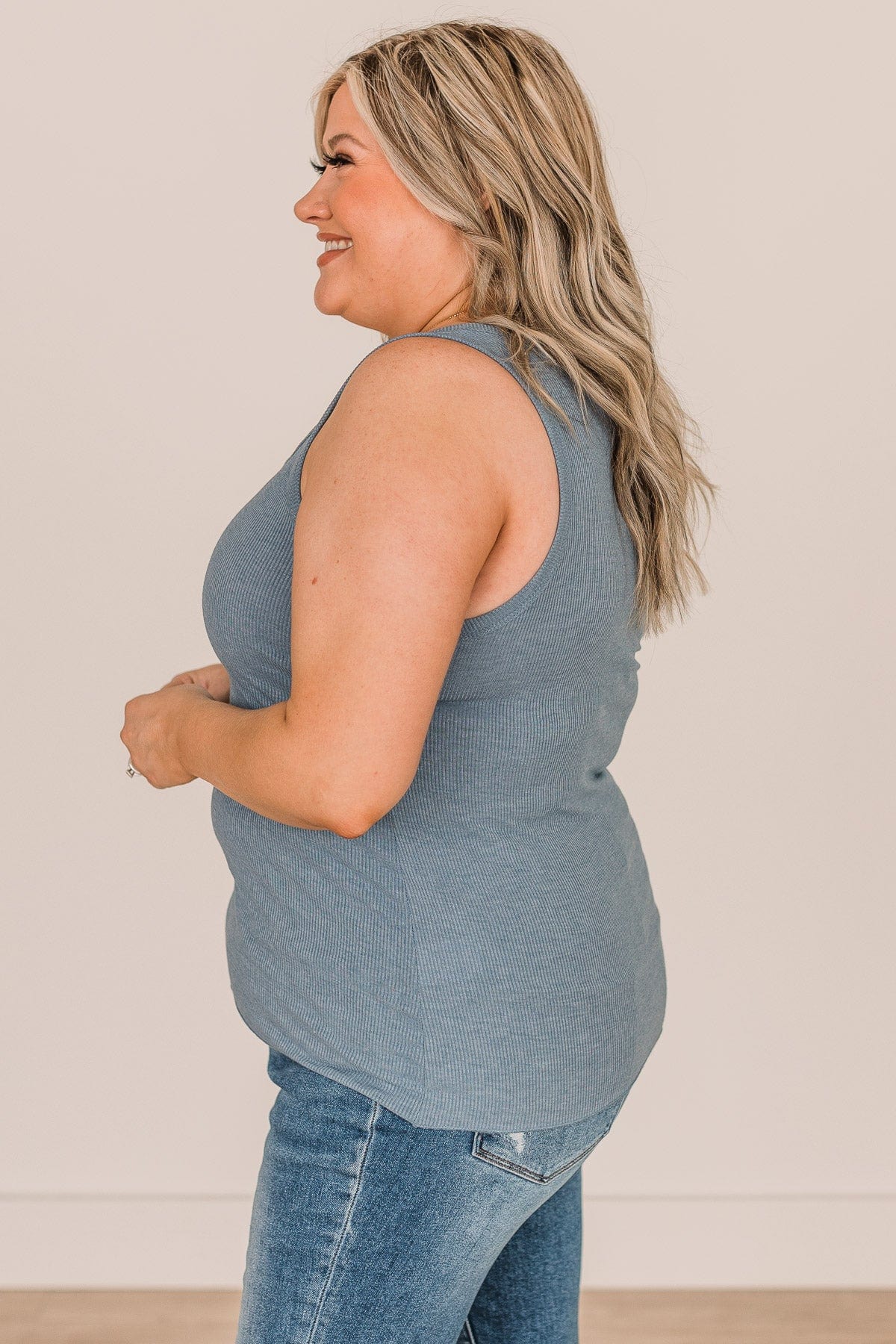 Bound To Be Beautiful Button Henley Tank Top- Denim Blue