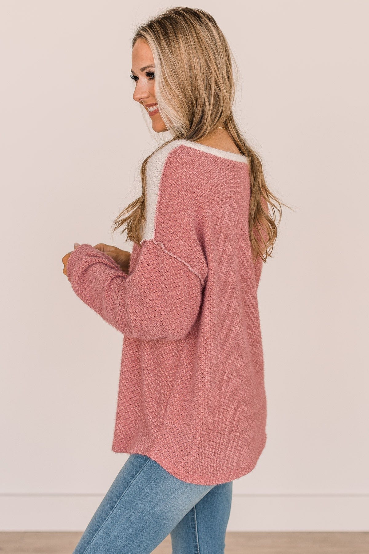Take Your Chance Button Knit Top- Ivory & Dusty Rose