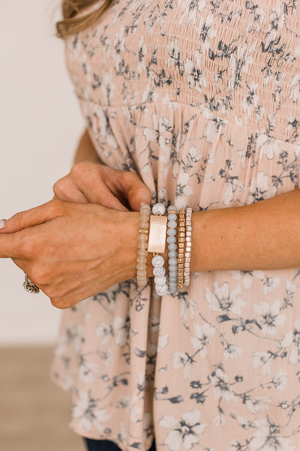 Believe In Forever Beaded Bracelet Set- White & Grey