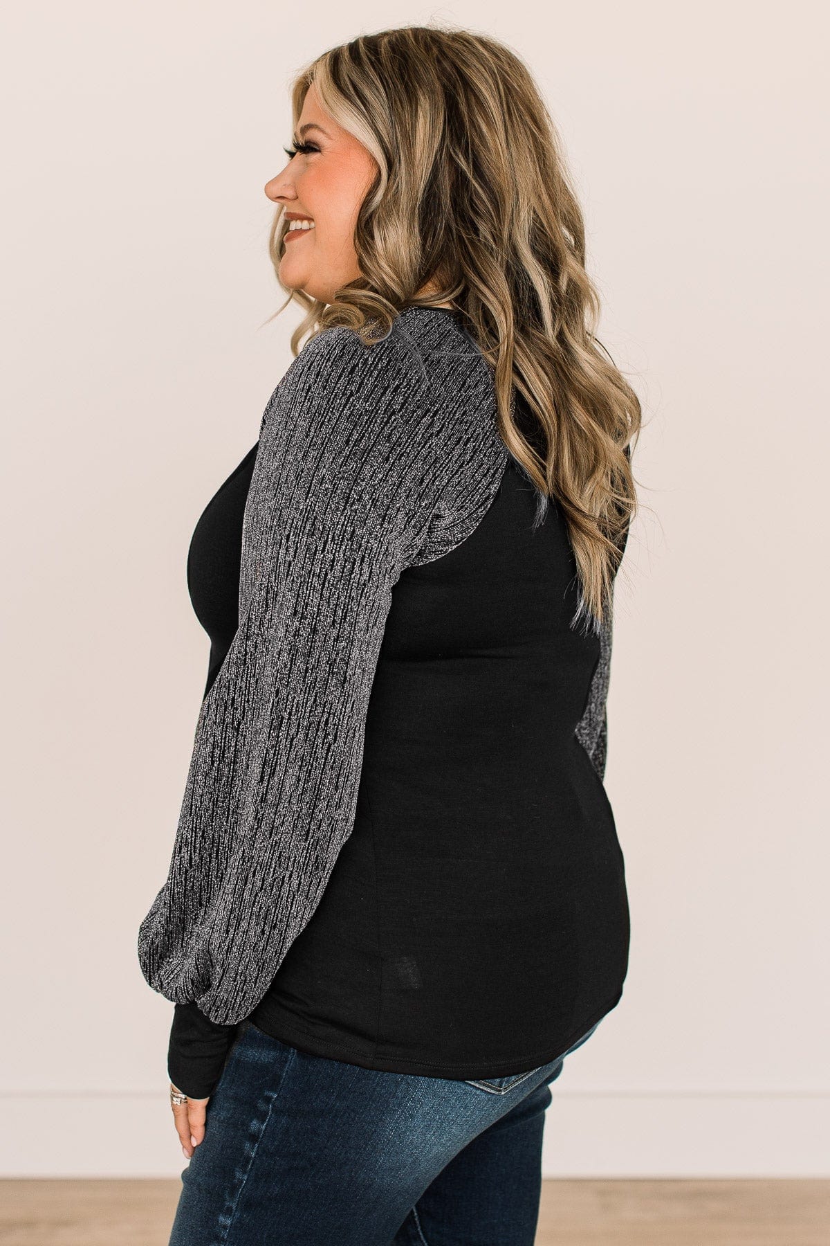 About Last Night Shimmer Sleeve Top- Black & Silver