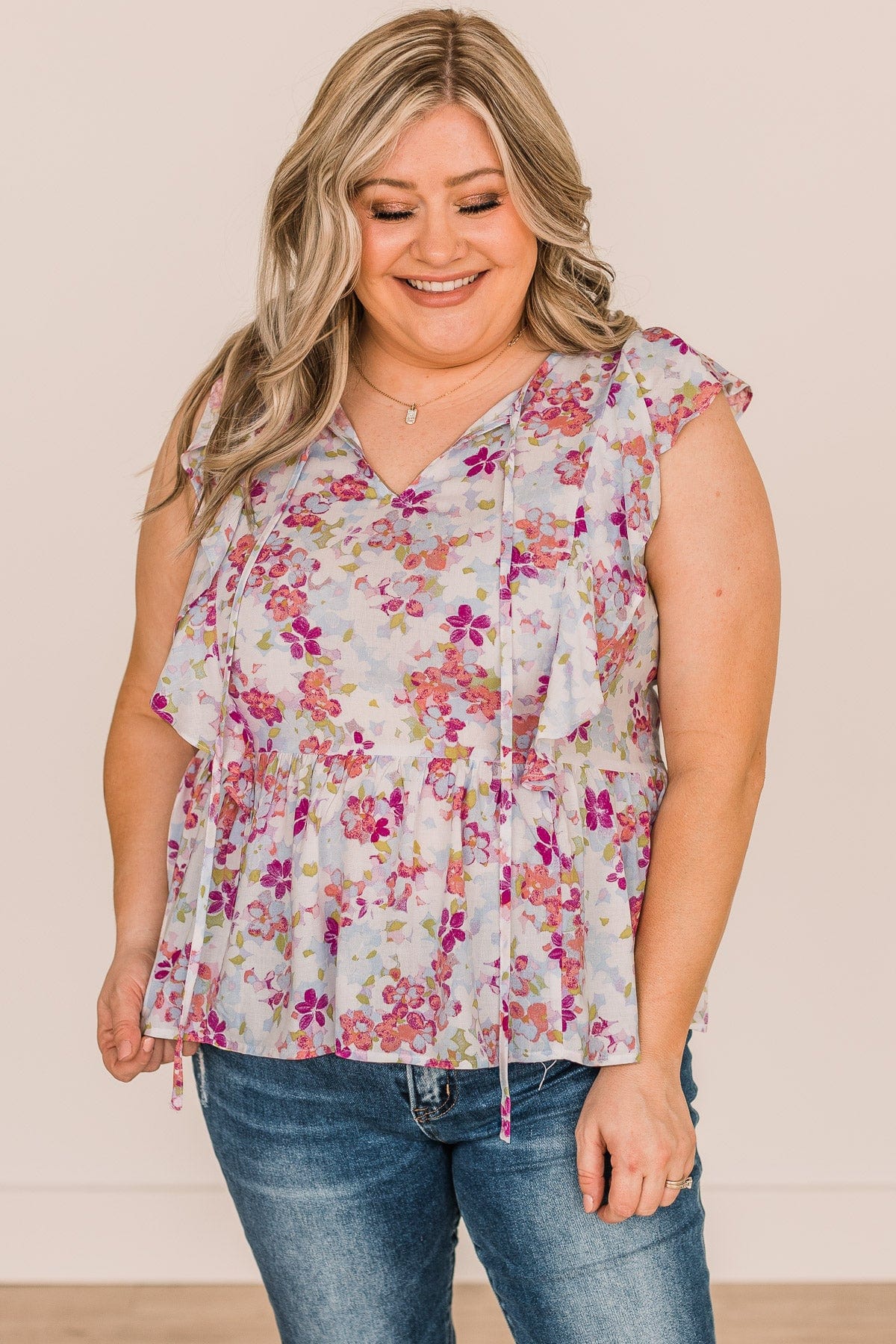 Kind Regards Floral Babydoll Blouse- Light Blue & Magenta