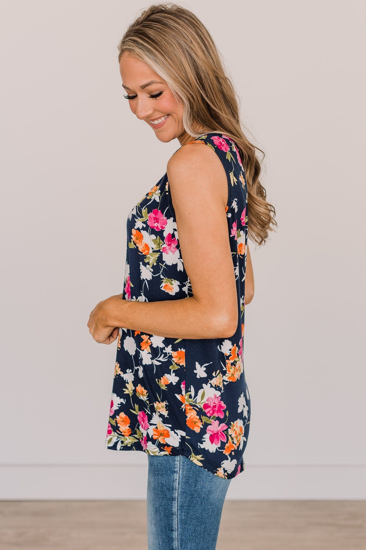 Make It Look Easy Floral Tank Top- Navy