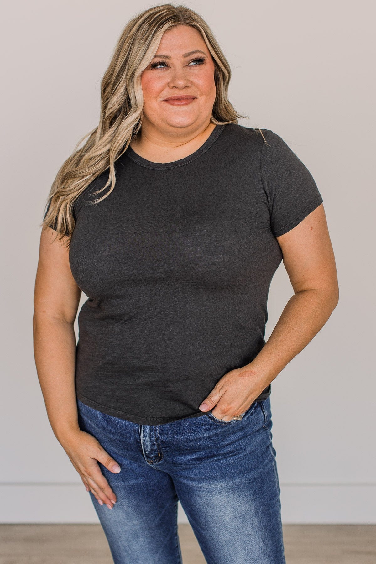 Here For Today Short Sleeve Top- Charcoal