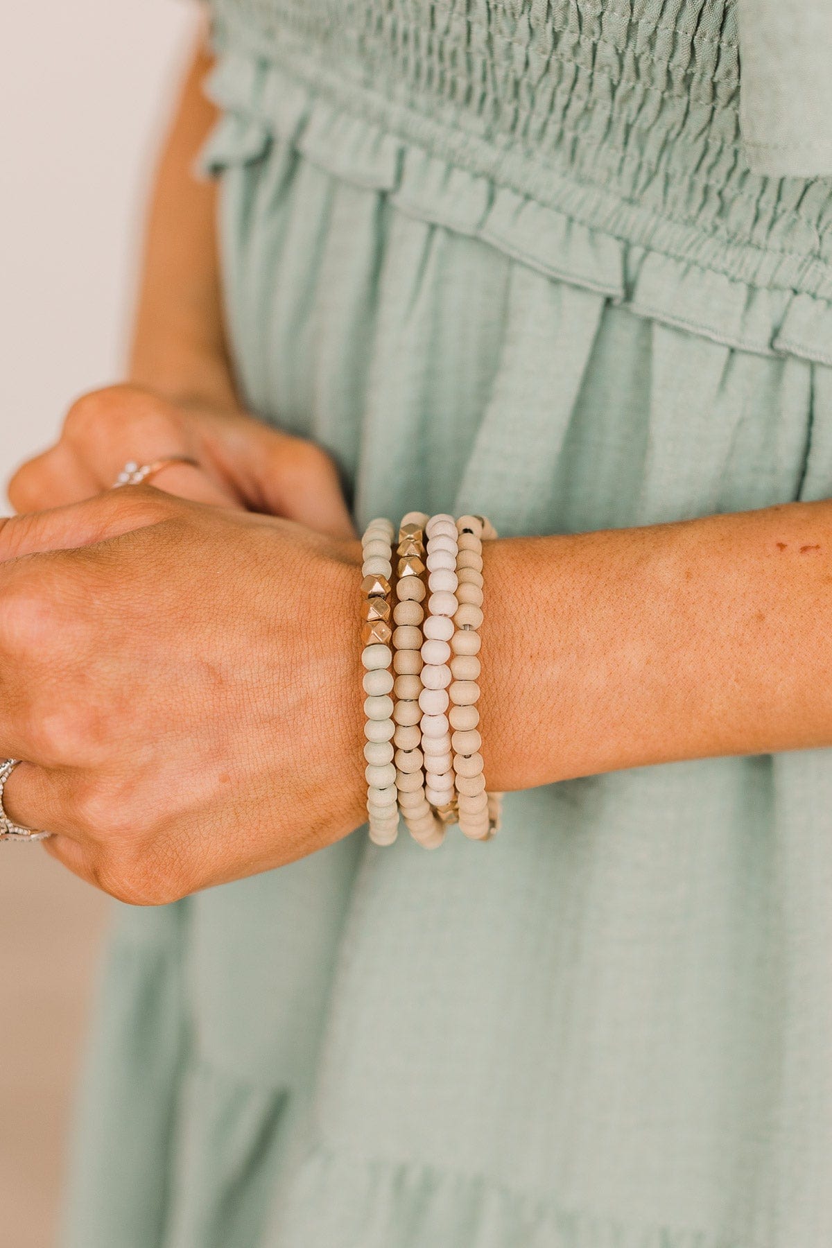 Darling Beaded Bracelet Set- Sage & White