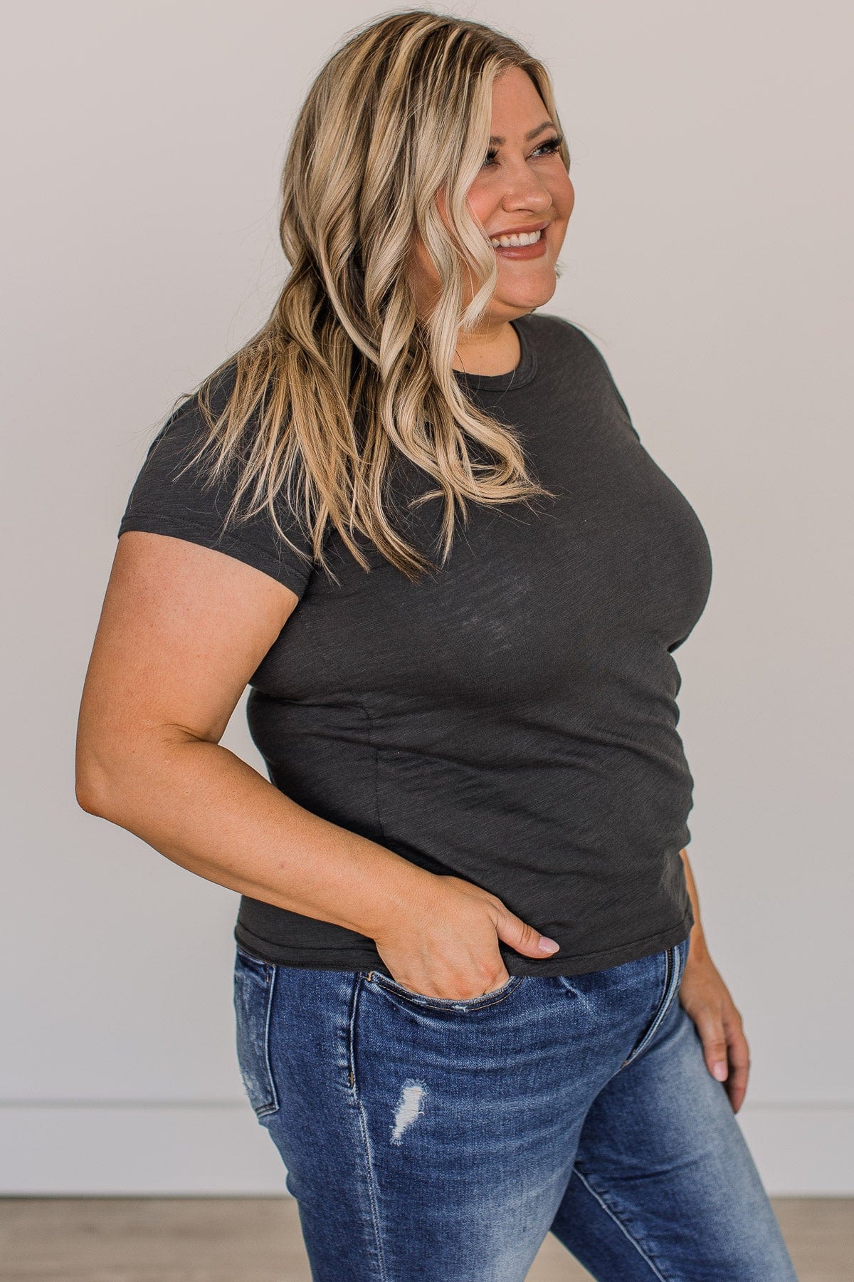 Here For Today Short Sleeve Top- Charcoal