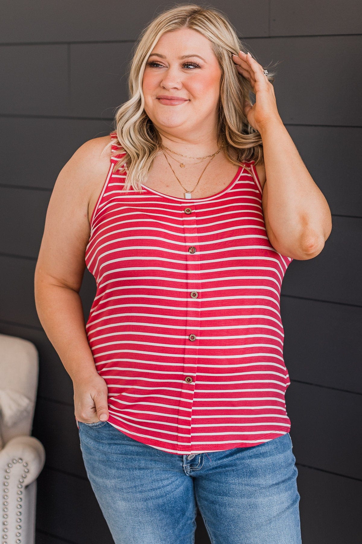 No Matter What Striped Button Tank Top- Coral