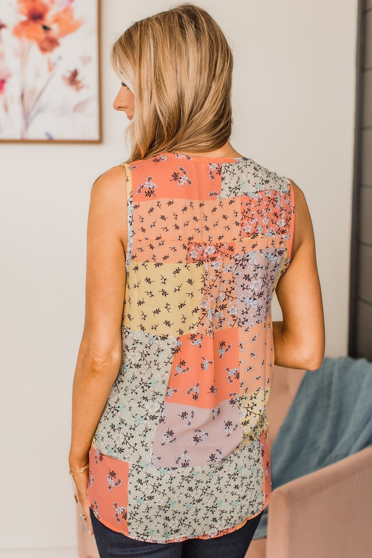 Waiting On Forever V-Neck Tank Top- Peach & Sage