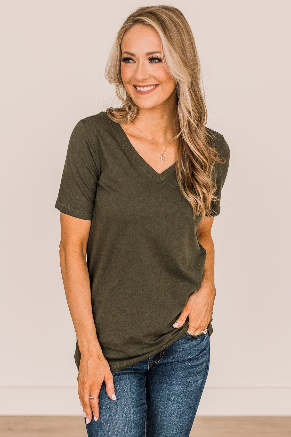 From The Moment We Met V-Neck Tee- Dark Olive