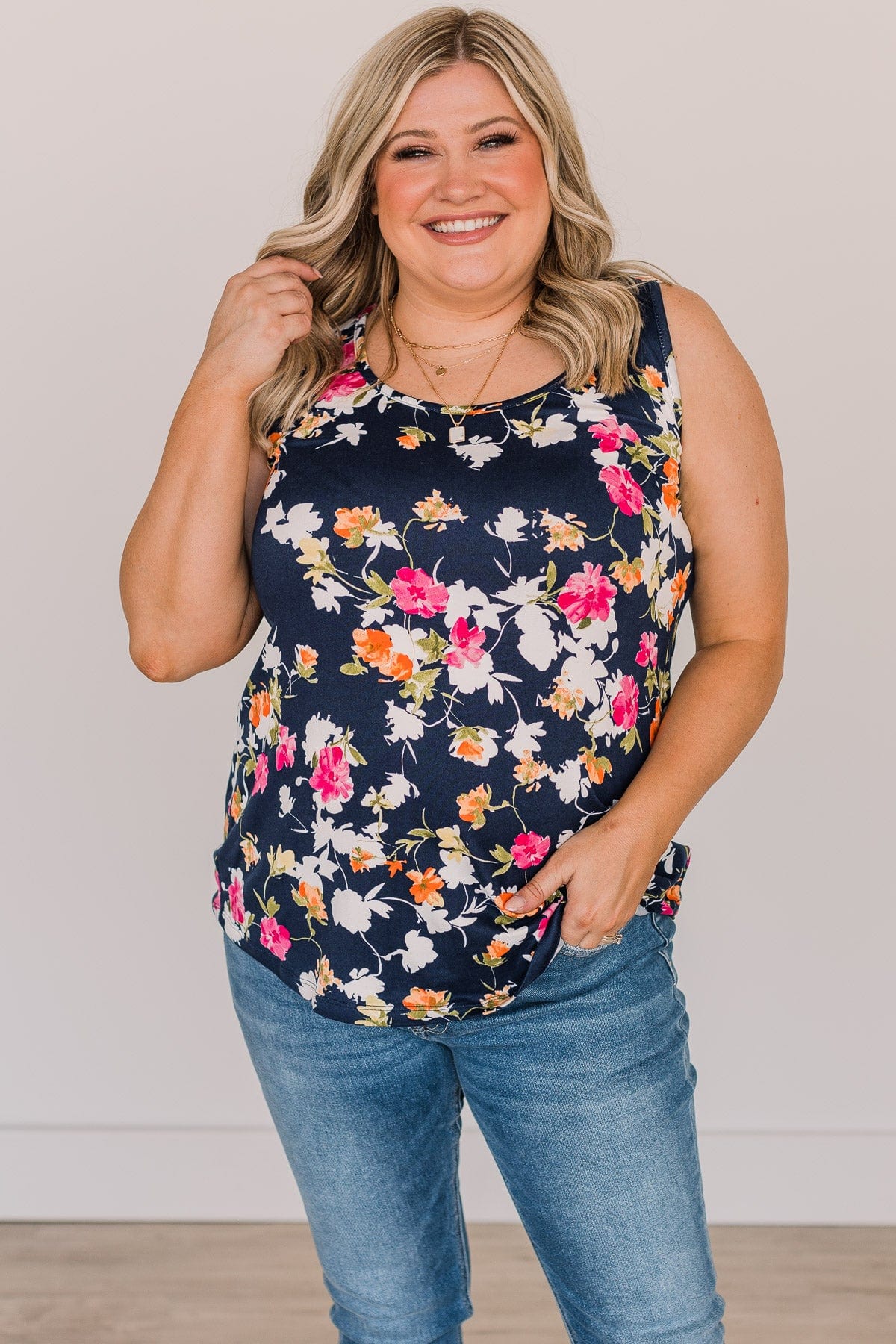 Make It Look Easy Floral Tank Top- Navy