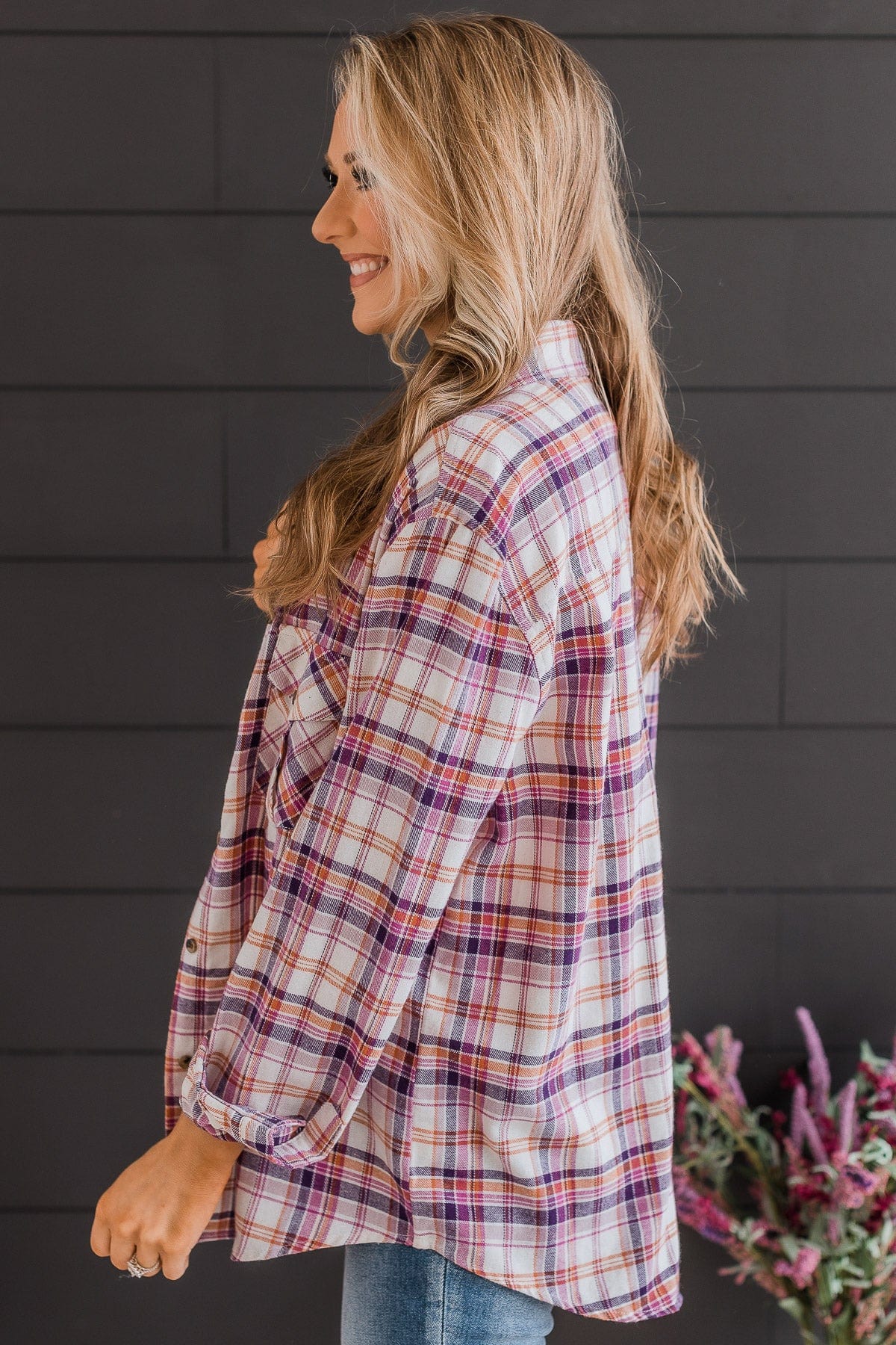 Running To You Plaid Button Top- Cream & Magenta