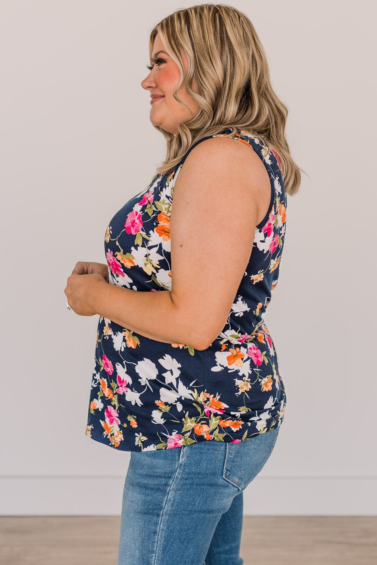 Make It Look Easy Floral Tank Top- Navy