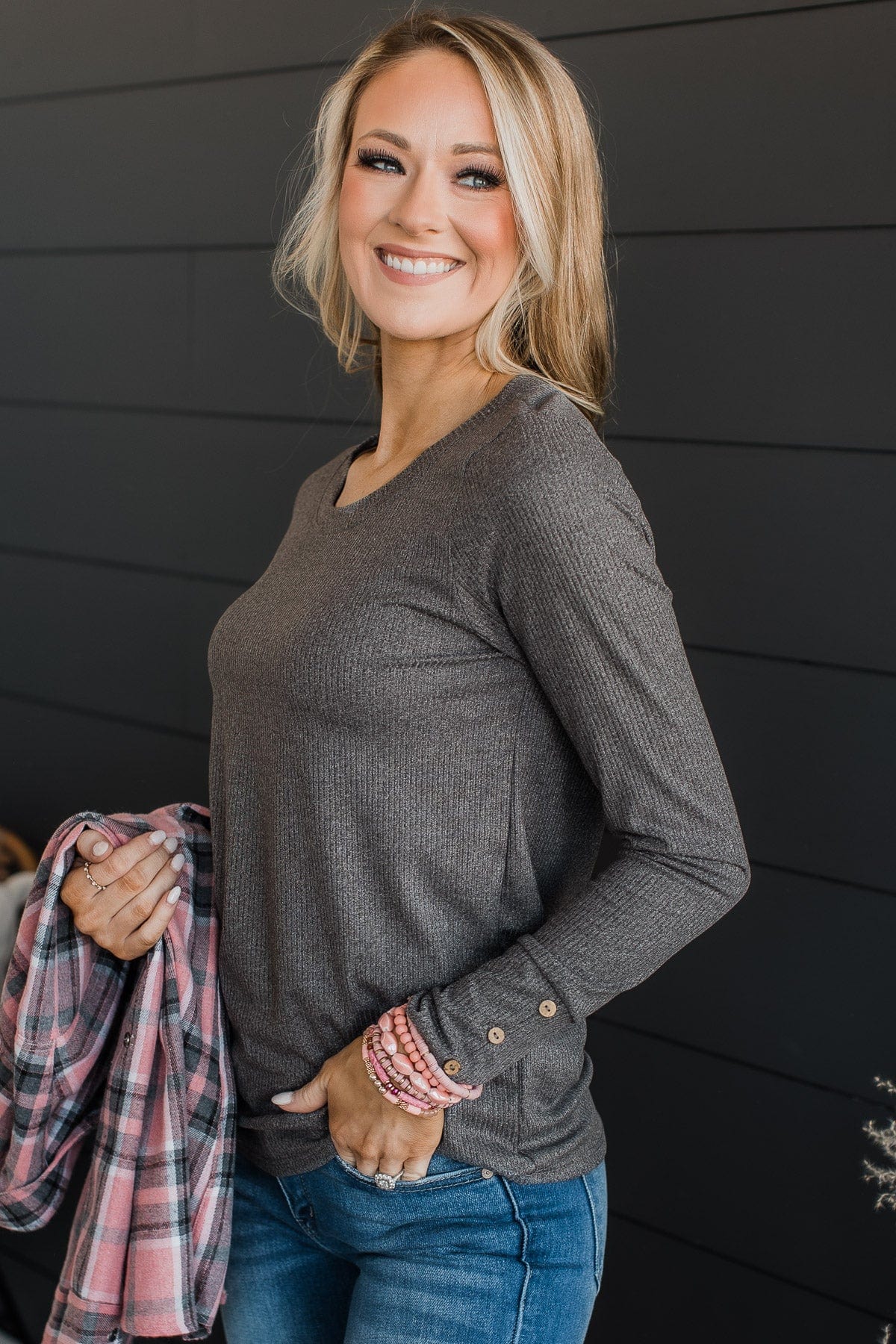 Caught Up In Love Knit Top- Charcoal