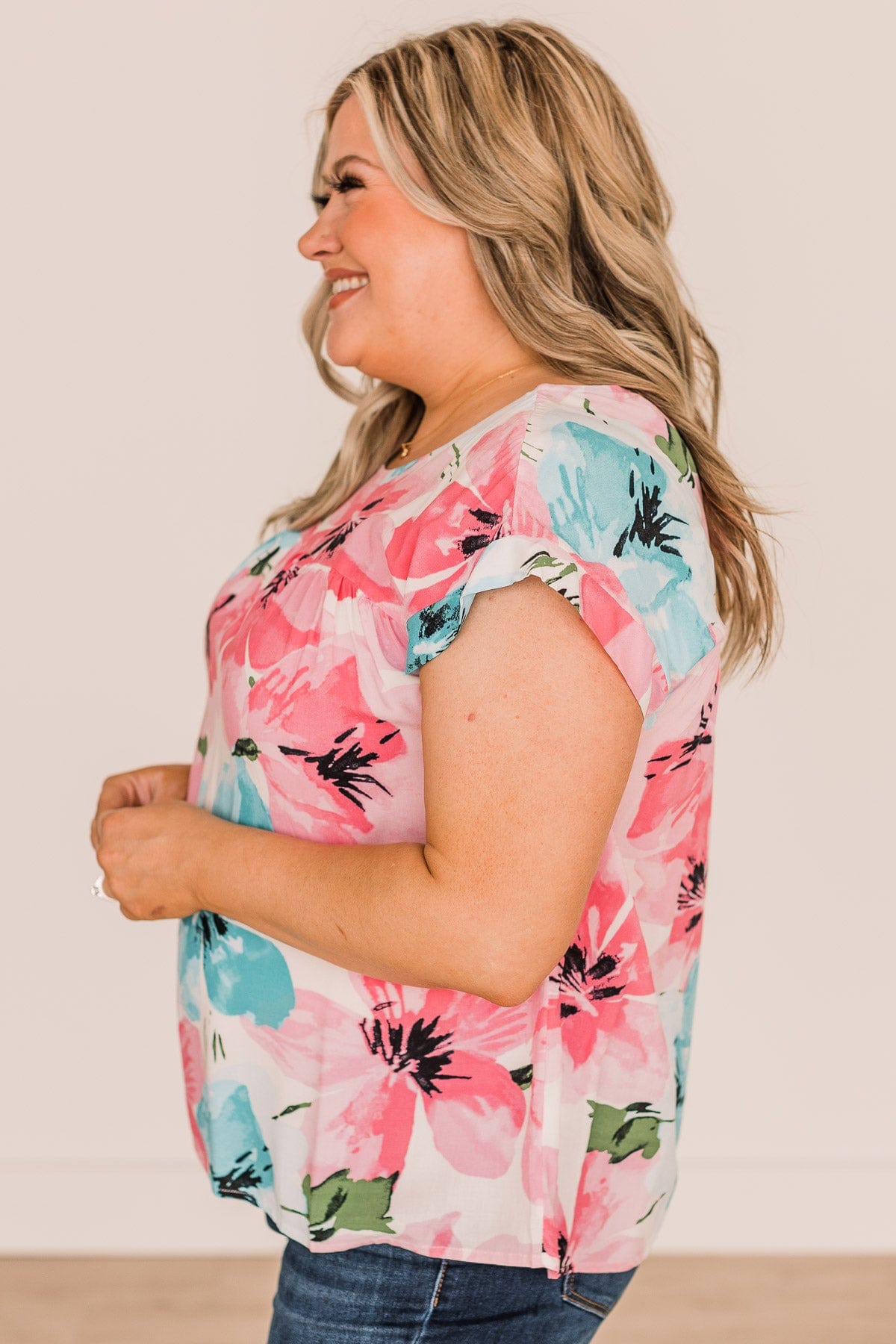 Hearts Desire Floral Top- Ivory, Pink, & Blue
