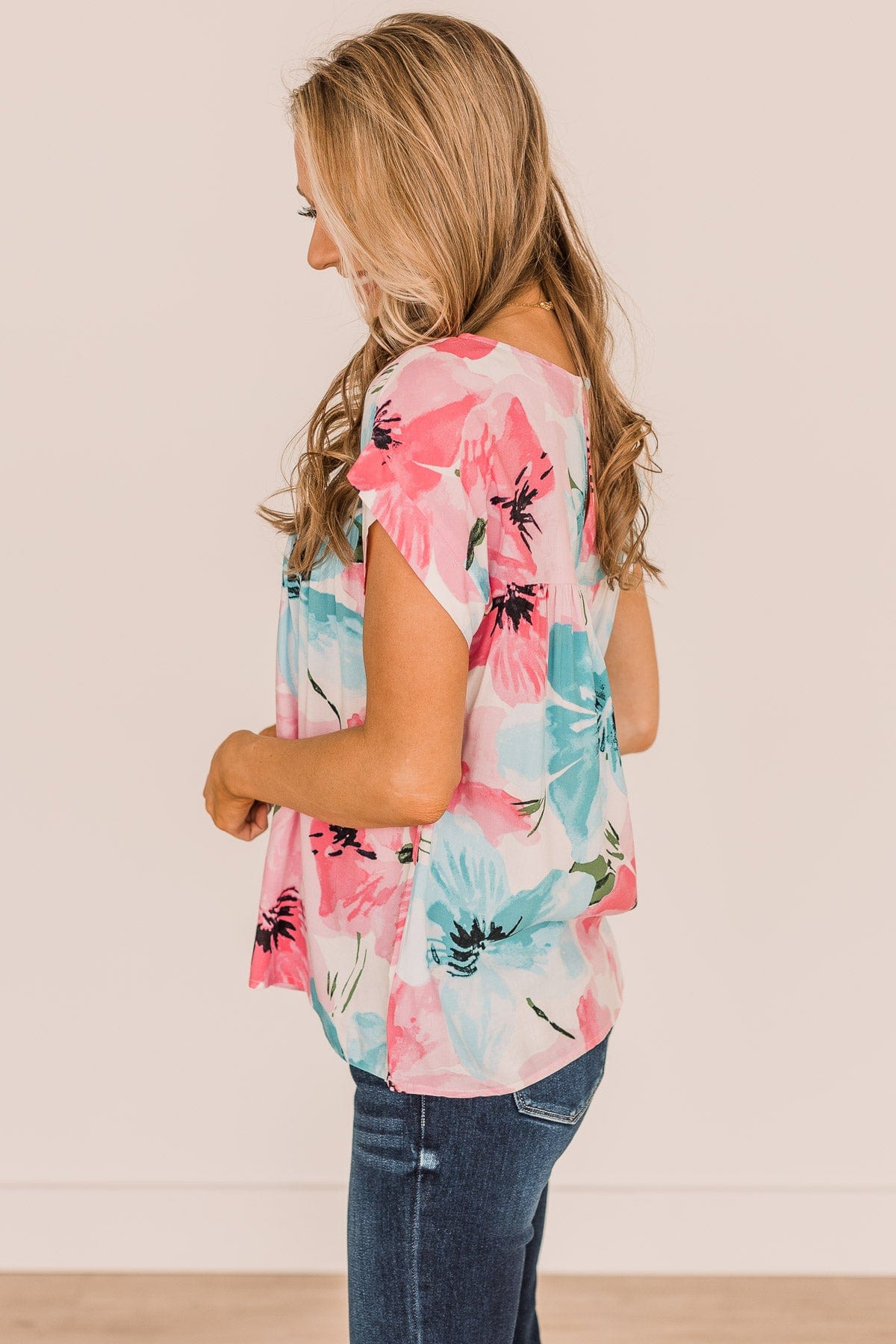 Hearts Desire Floral Top- Ivory, Pink, & Blue