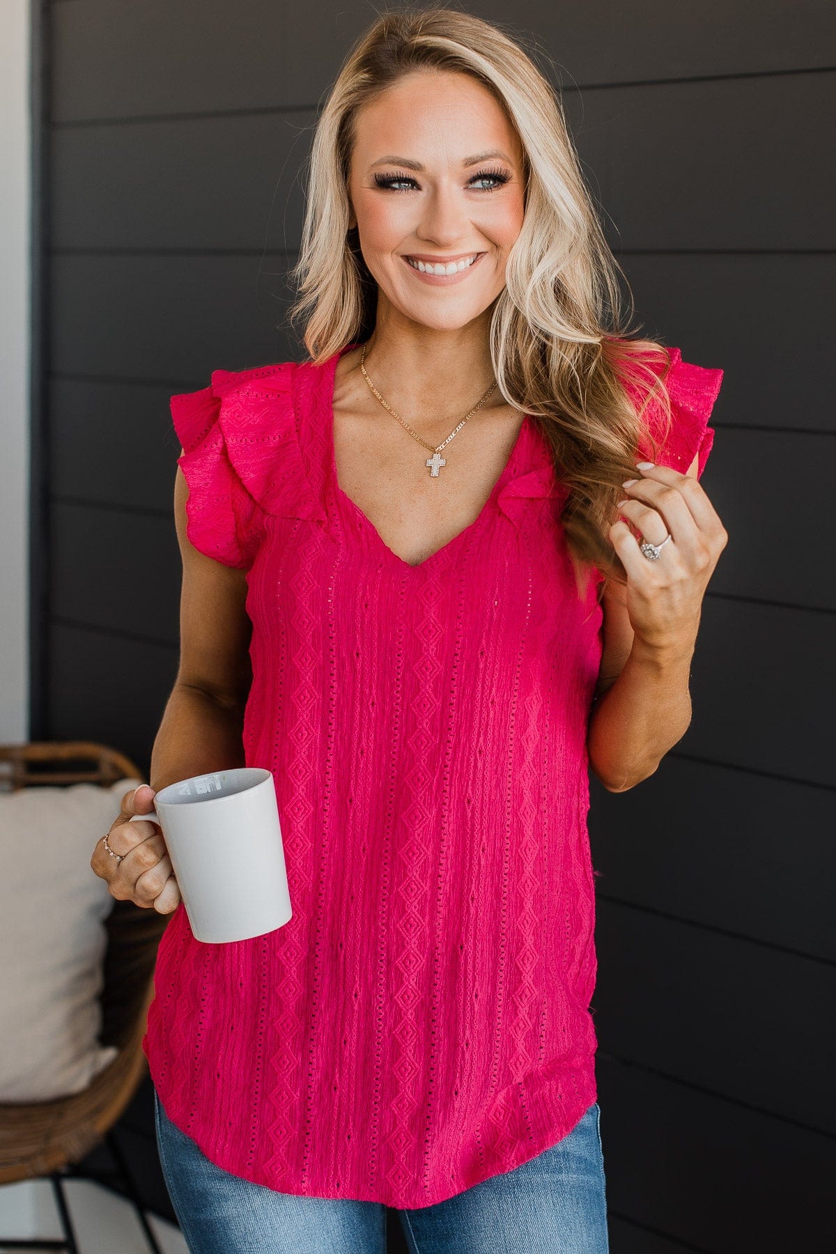 Think Pink Ruffle Sleeve Top- Fuchsia