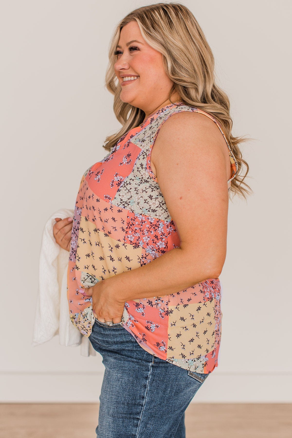 Waiting On Forever V-Neck Tank Top- Peach & Sage