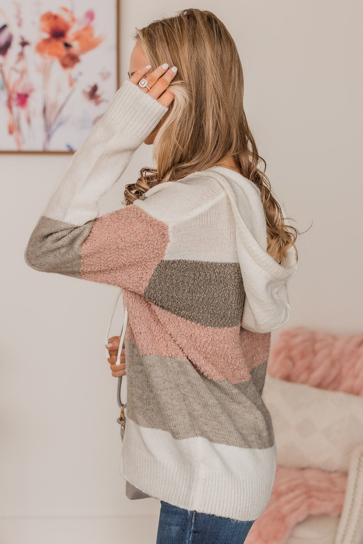 Fall For You Color Block Hooded Sweater- Ivory, Grey, & Dusty Pink