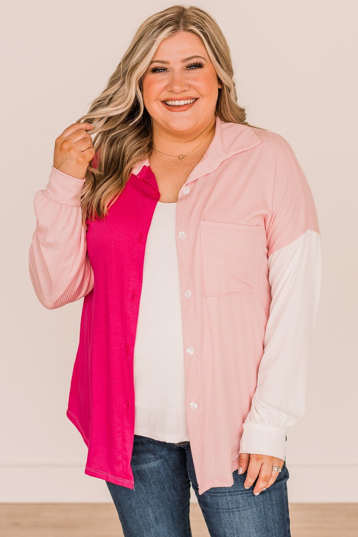 Found My Forever Color Block Button Top- Ivory & Pink