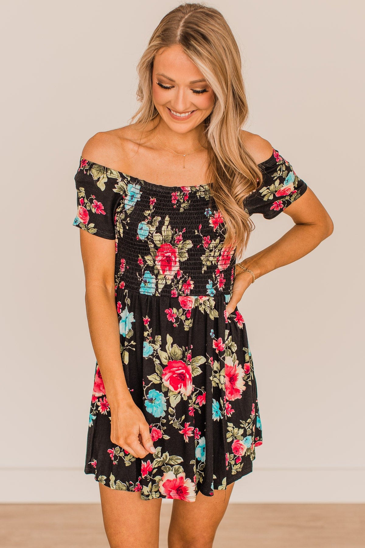 Fine Without You Smocked Floral Dress- Black – The Pulse Boutique