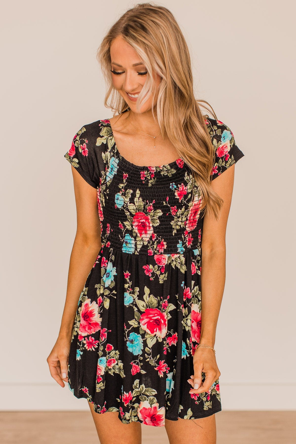 Fine Without You Smocked Floral Dress- Black – The Pulse Boutique
