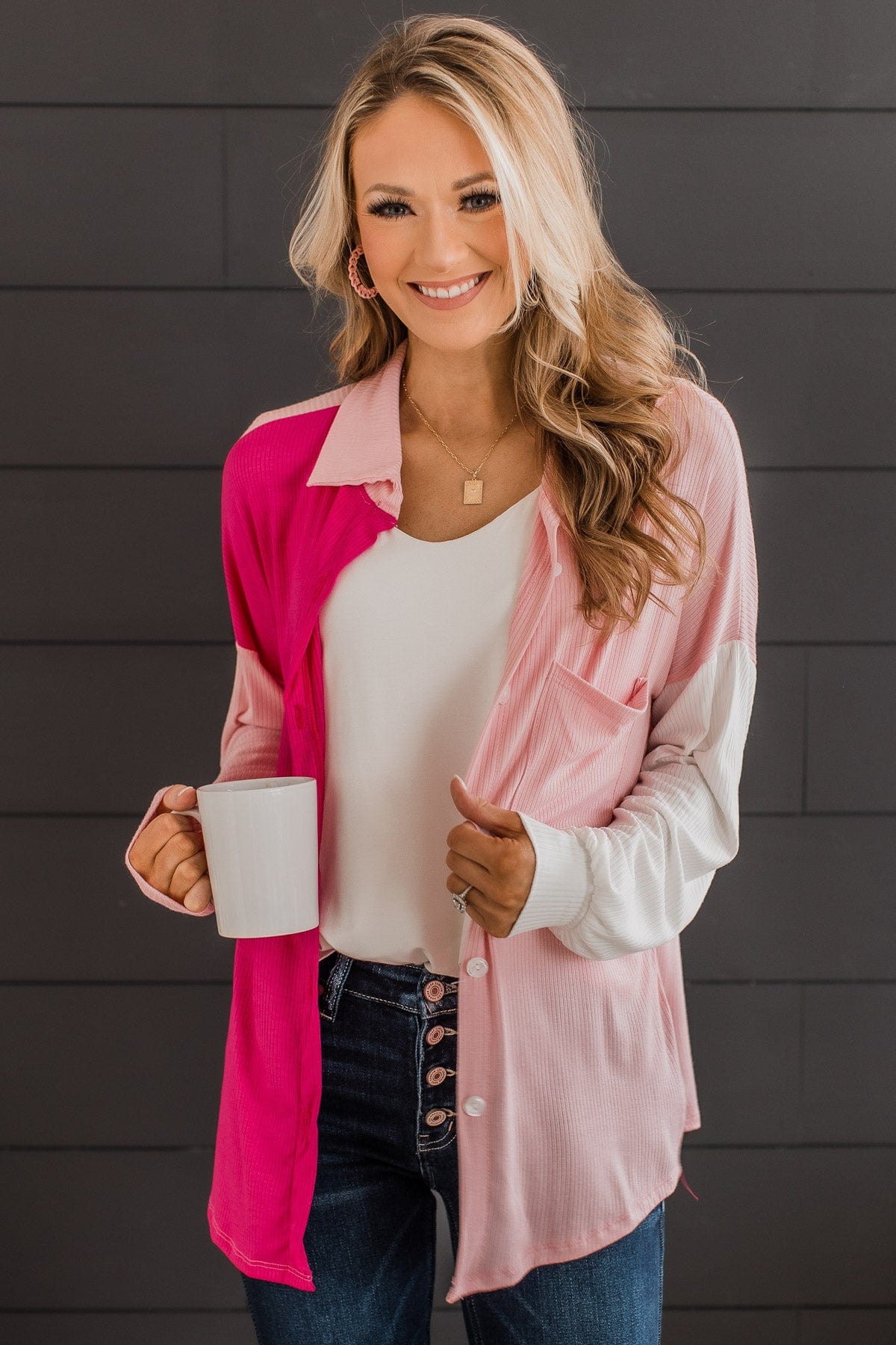 Found My Forever Color Block Button Top- Ivory & Pink