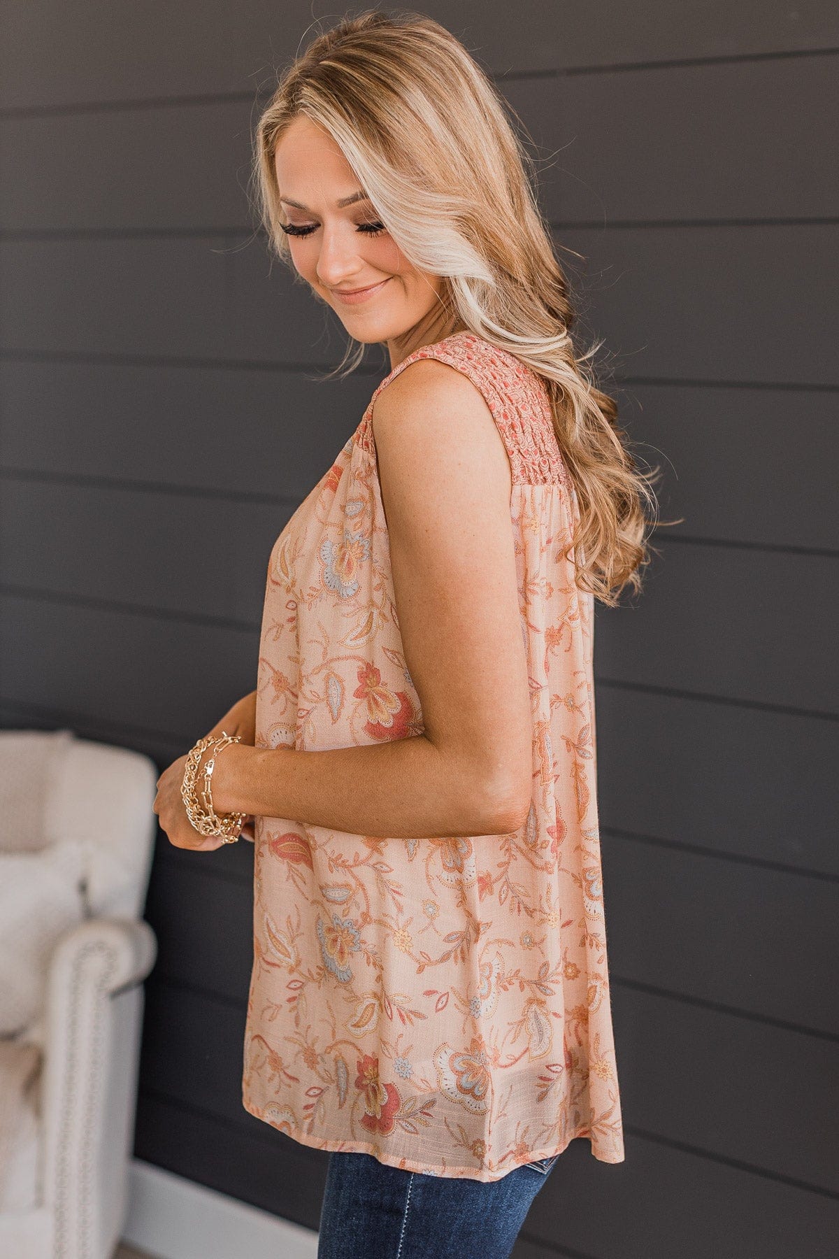 Pleasant Surprise Floral Button Tank Top- Dusty Peach