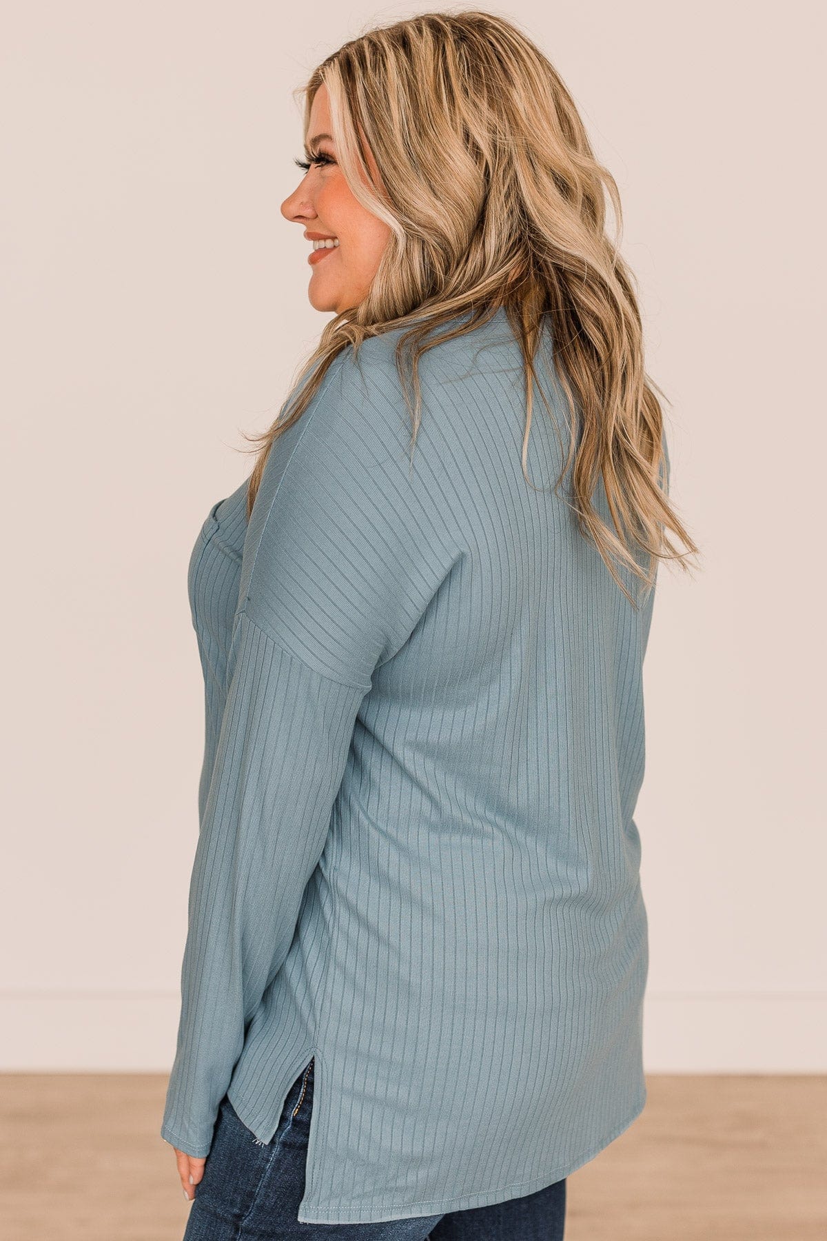 All In For Love Ribbed Knit Top- Steel Blue