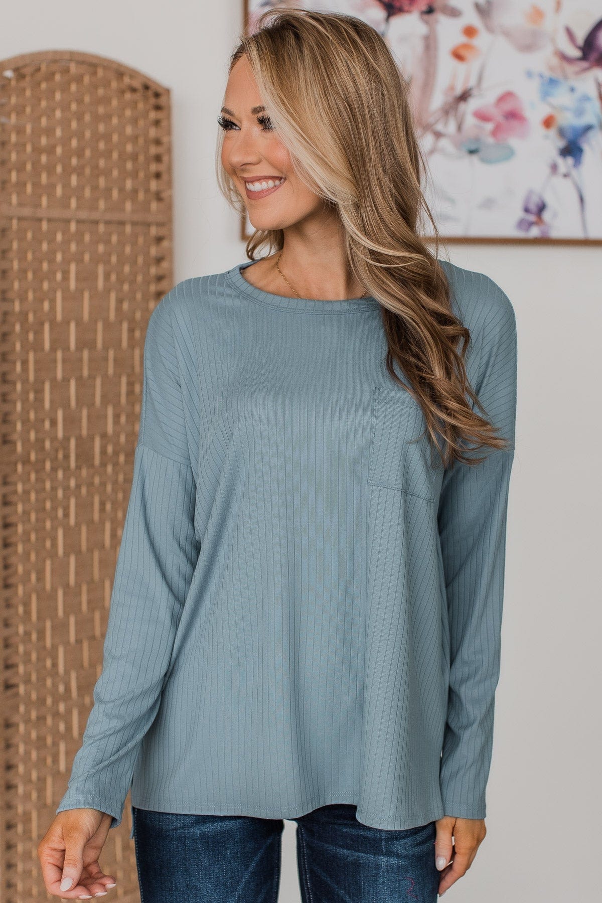 All In For Love Ribbed Knit Top- Steel Blue